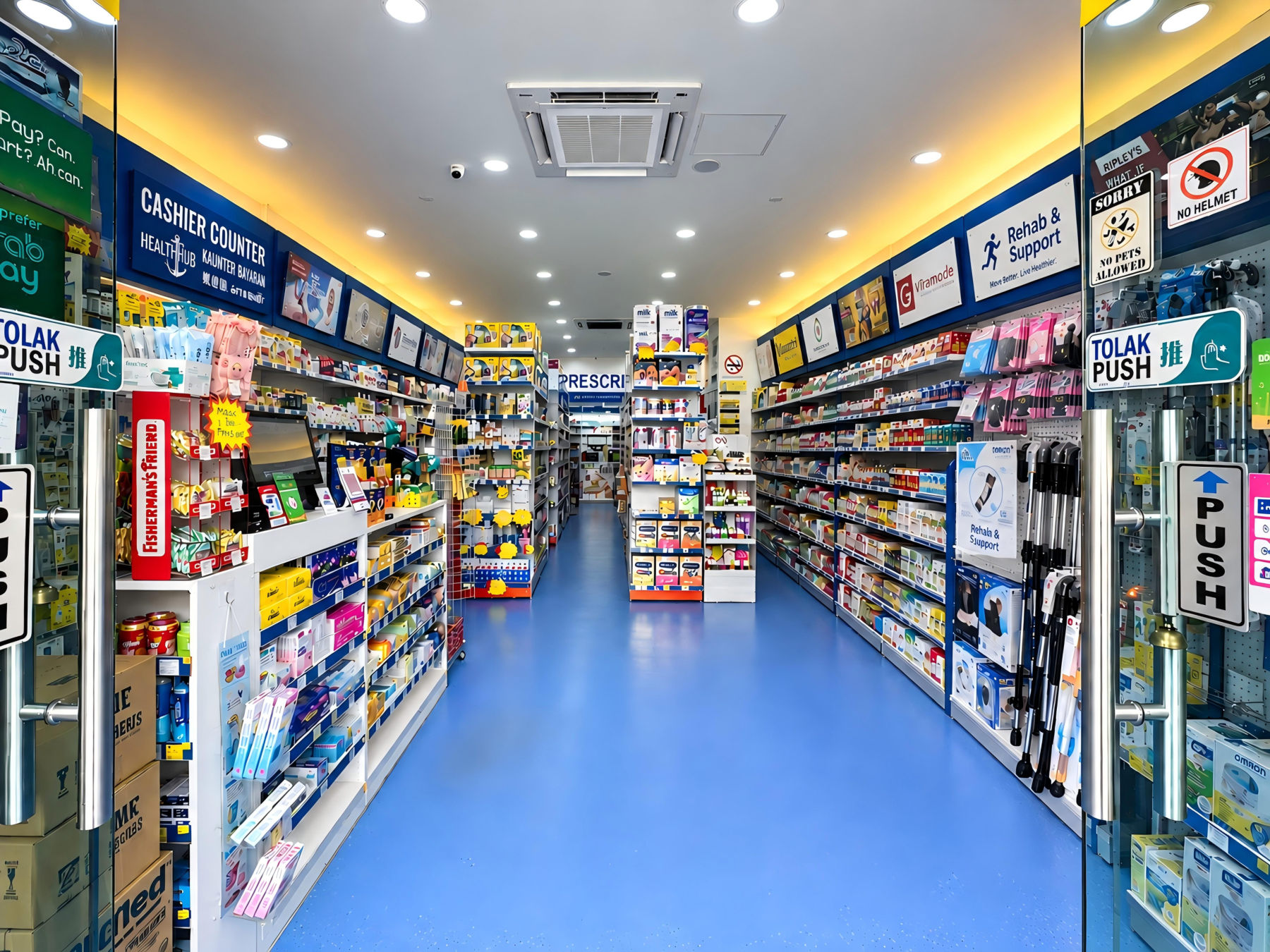 Inside Farmasi HealthHub: a bright aisle of health products on a blue floor