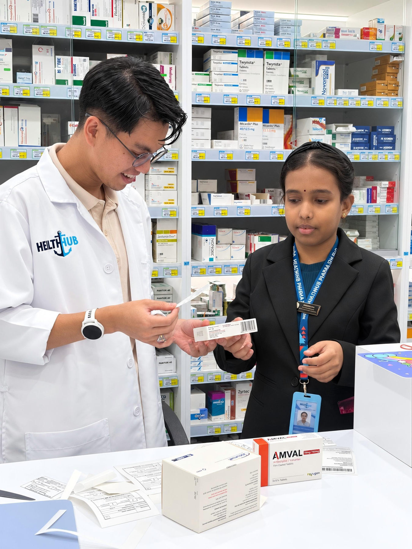 A pharmacist advising a corporate client at the counter