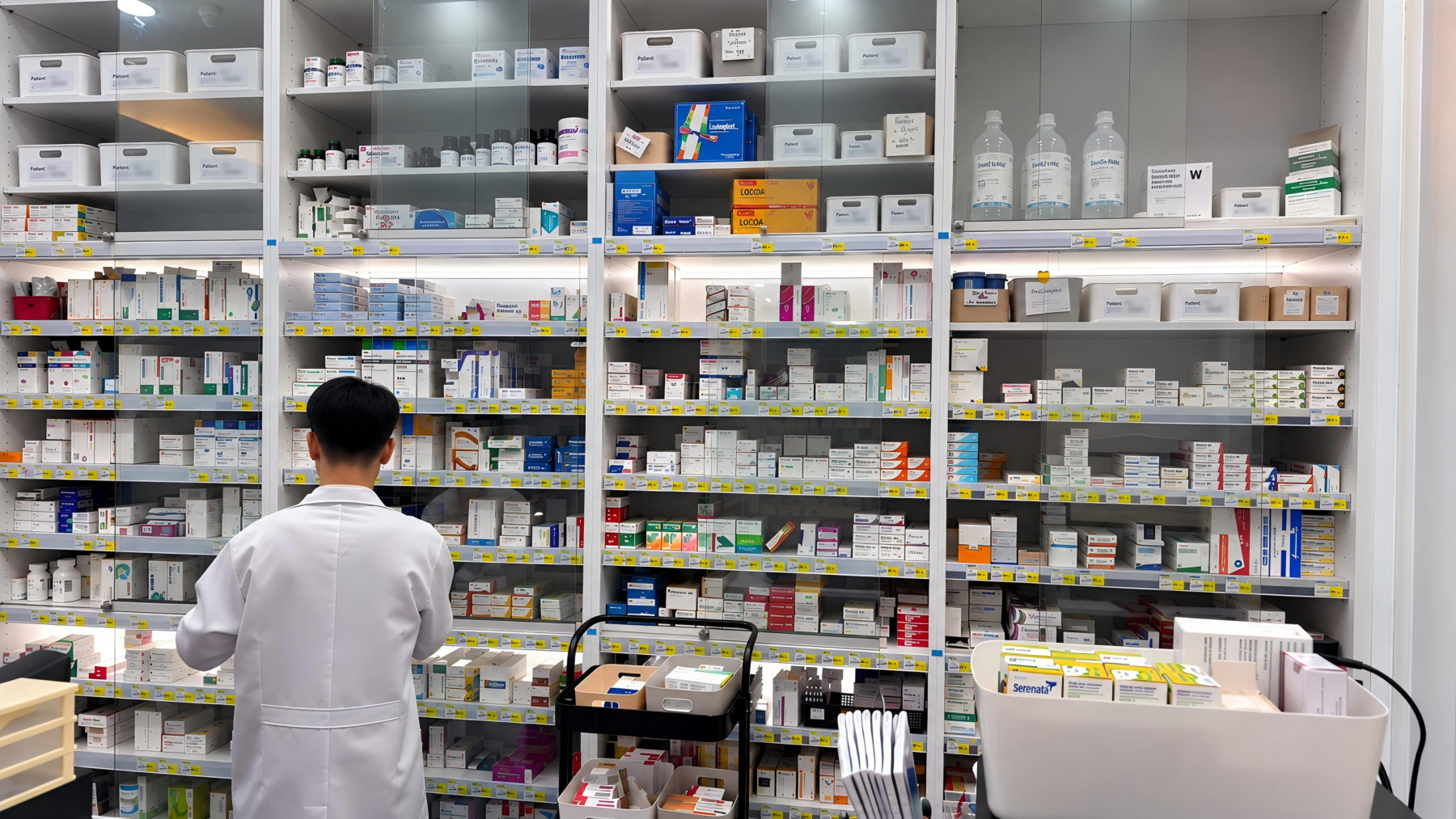 A HealthHub pharmacist at the fully stocked dispensary shelves