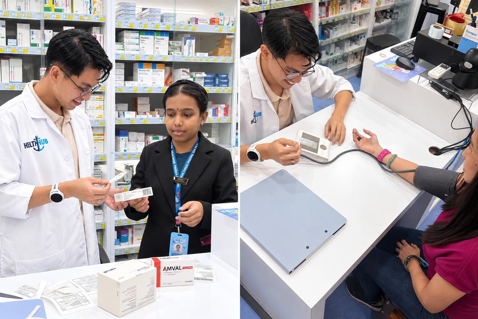 A pharmacist taking a customer's blood pressure