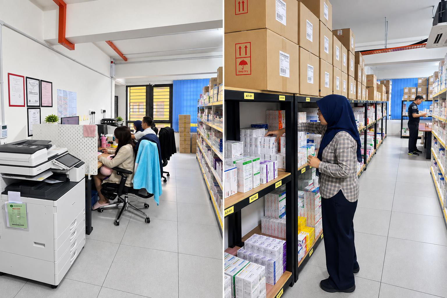 HealthHub staff checking stock in the warehouse office