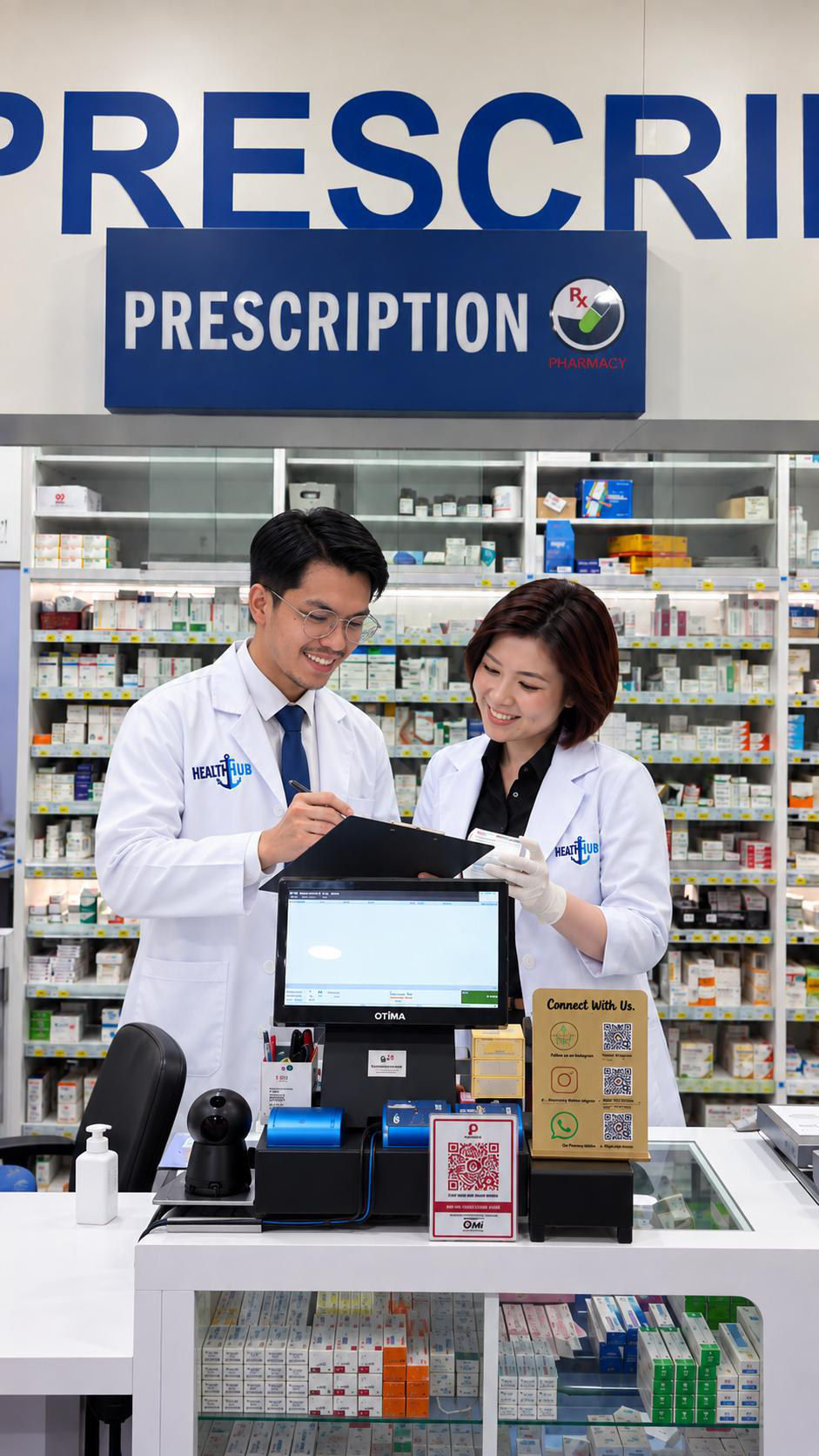 Pharmacists working at the HealthHub prescription counter