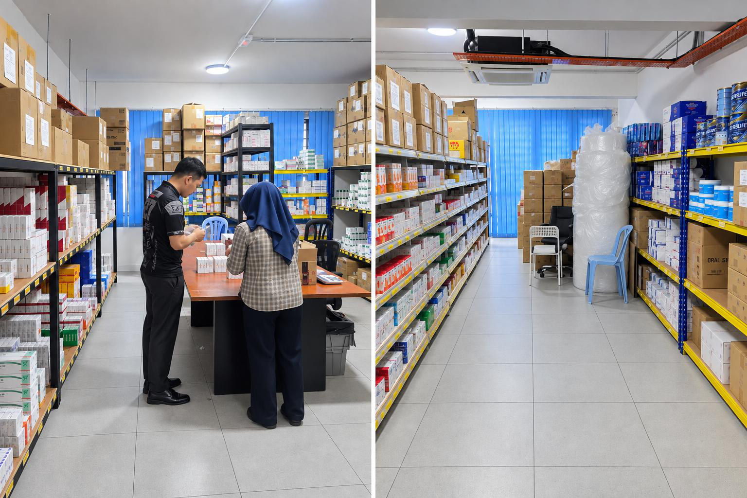 HealthHub staff packing medicine orders in the warehouse